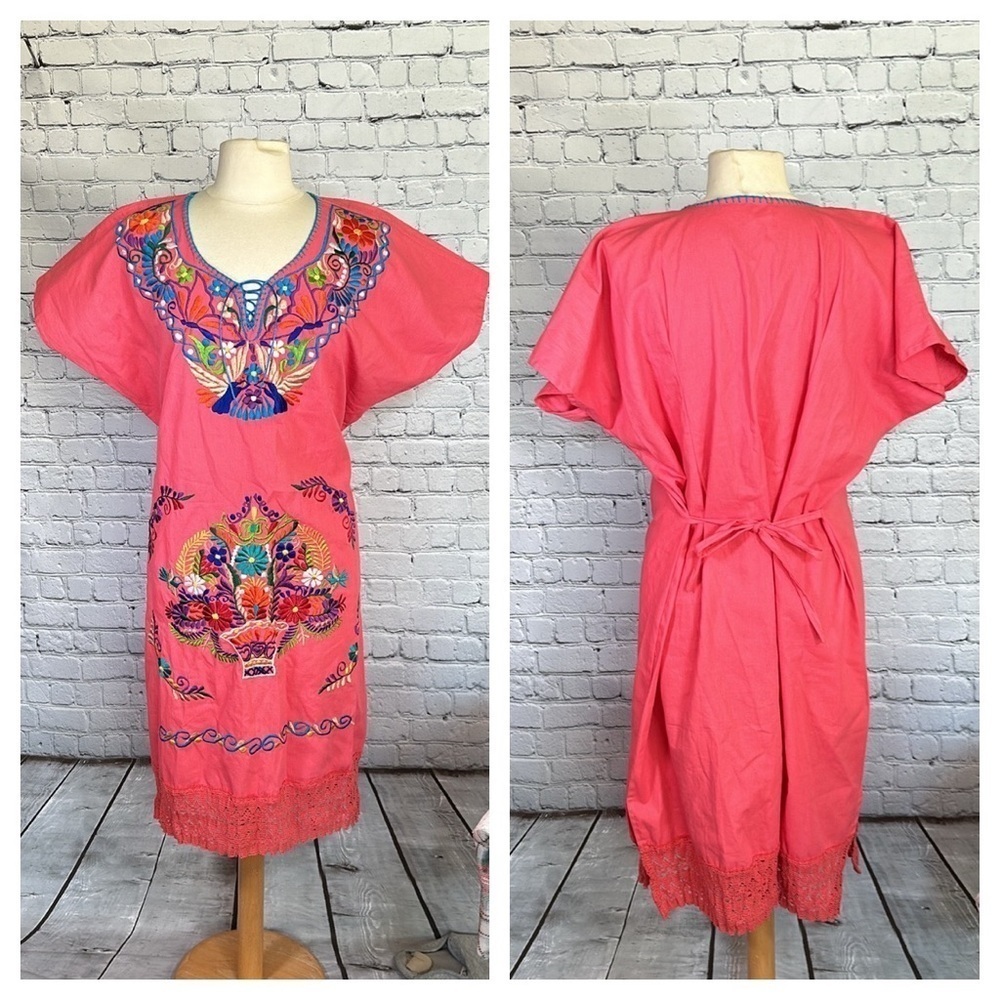 Mexican Embroidered Coral Floral Caftan Shift Oaxacan Peasant Boho Dress XL NWOT - Picture 2 of 16